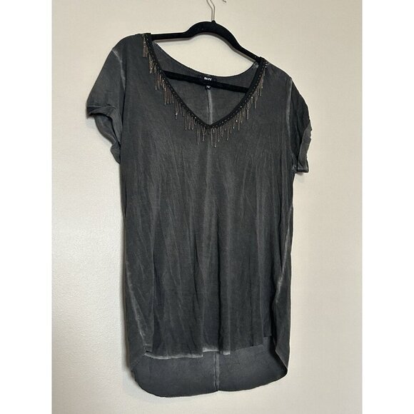 PAIGE Black Gunmetal Tshirt Short Sleeve Top With Metal Fringe V Neck Size Large - Picture 2 of 11